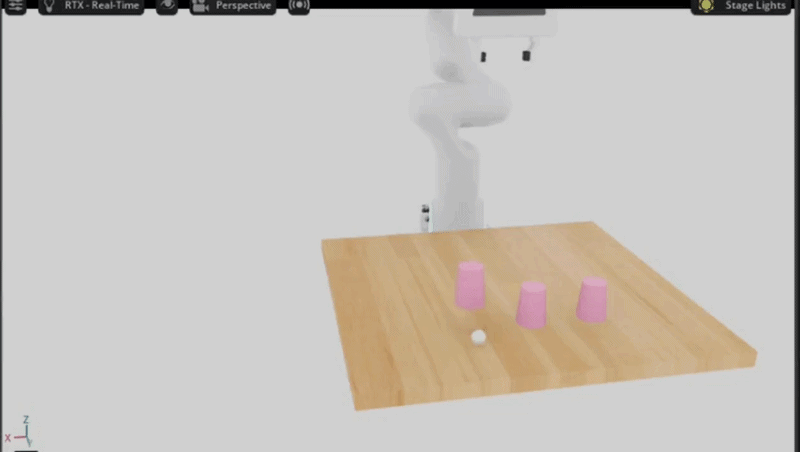 A simulated Franka robot playing the shell game